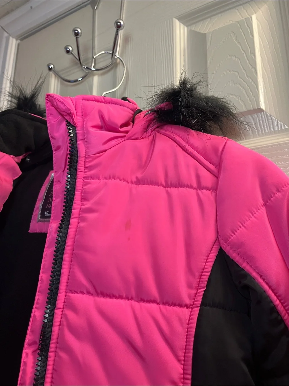 Justice Hot Pink and Black Girls' Puffer Jacket with Removable Faux Fur Trim